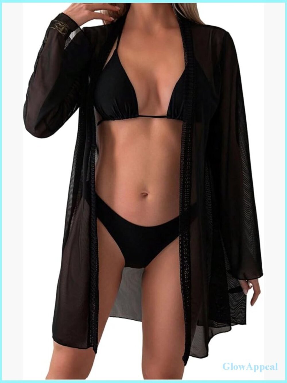 Open Front Kimono Cardigan Sheer Mesh Long Sleeve Beach Cover Up